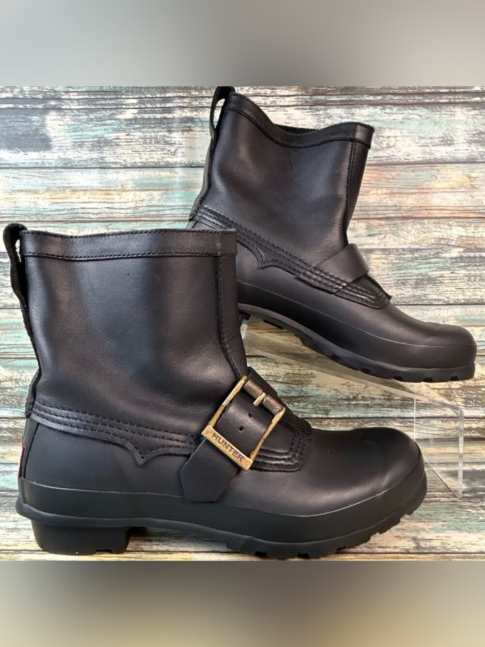 HUNTER Ankle Boot Womens Size 6M Black Rubber Leather Waterproof Rain Winter